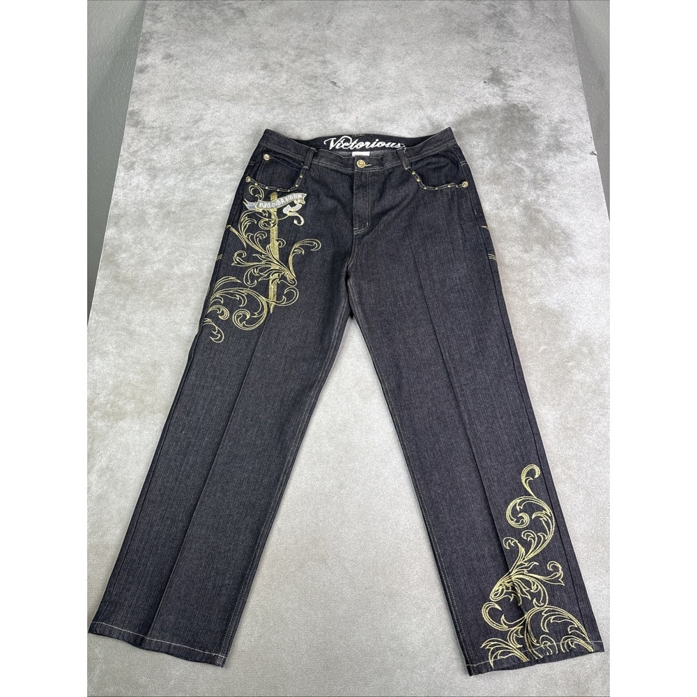 Y2K Victorious Embroidered Baggy Jeans Mens 42 Wing Pocket Streetwear Hip Hop